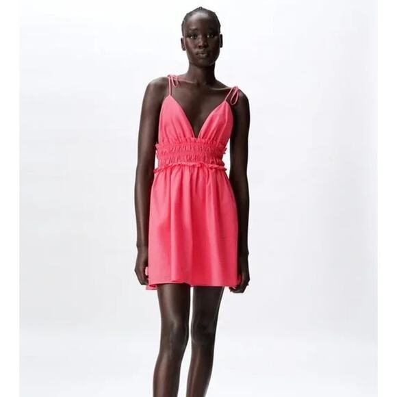 Zara Ruffled Babydoll Scrunched V-Neck Mini Dress Fuchsia Pink Size XS - Picture 1 of 11